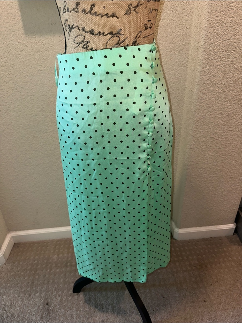 Zara Mint Green Midi Skirt with Black Polka Dots